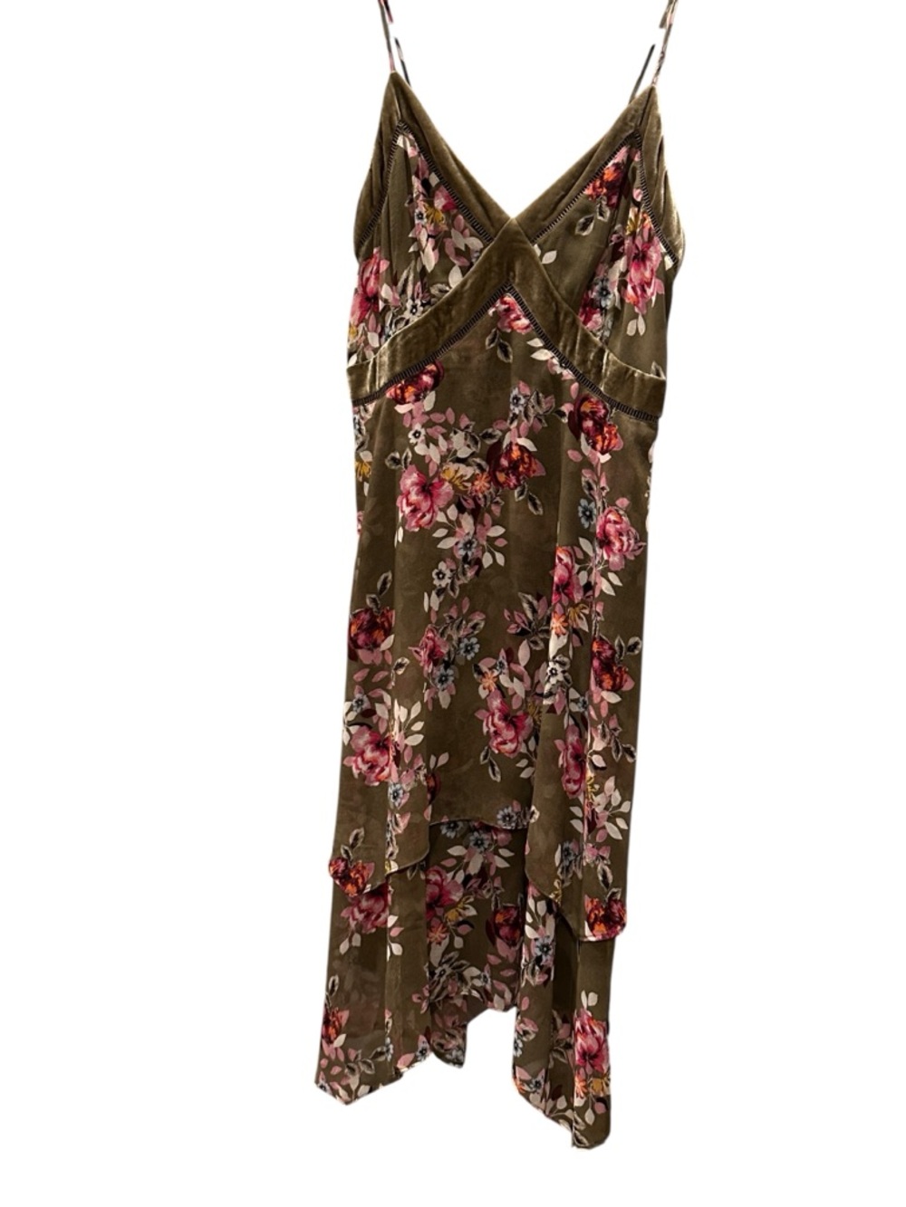 Olive Floral Slip Dress with Pink Rose Print